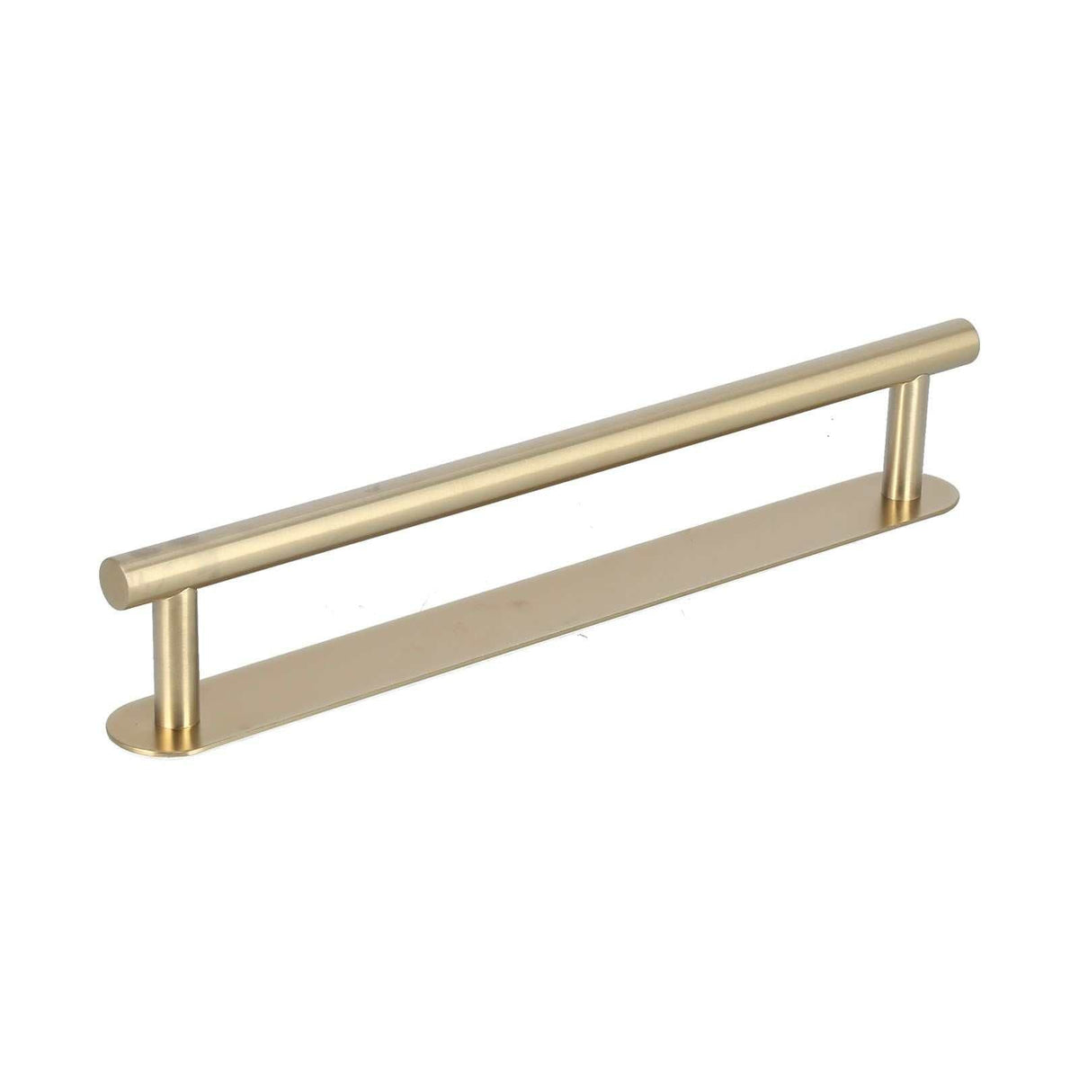 Single Rod Towel Bar in brushed gold metal, with a long cylindrical rail supported by two posts and a flat mounting plate