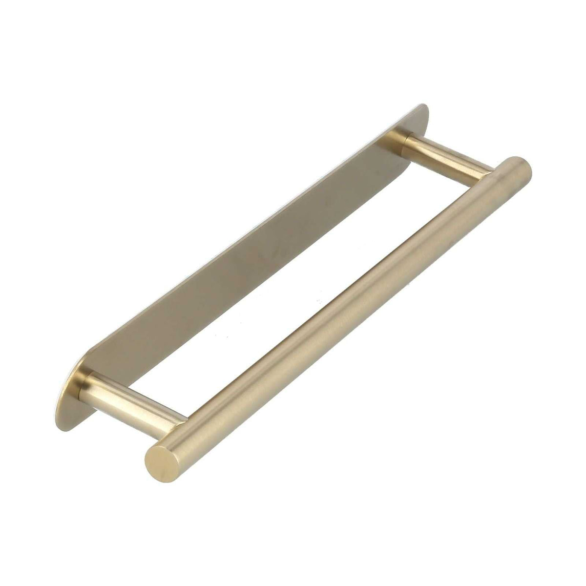 Single Rod Towel Bar in brushed gold metal with a smooth cylindrical rail and long rectangular mounting plate