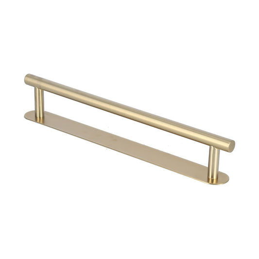 Single Rod Towel Bar in brushed gold metal with a slim cylindrical rail, two supports and a long mounting plate