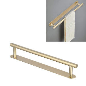 Single Rod Towel Bar in brushed gold stainless steel, with a slim round rail and long rectangular wall plate
