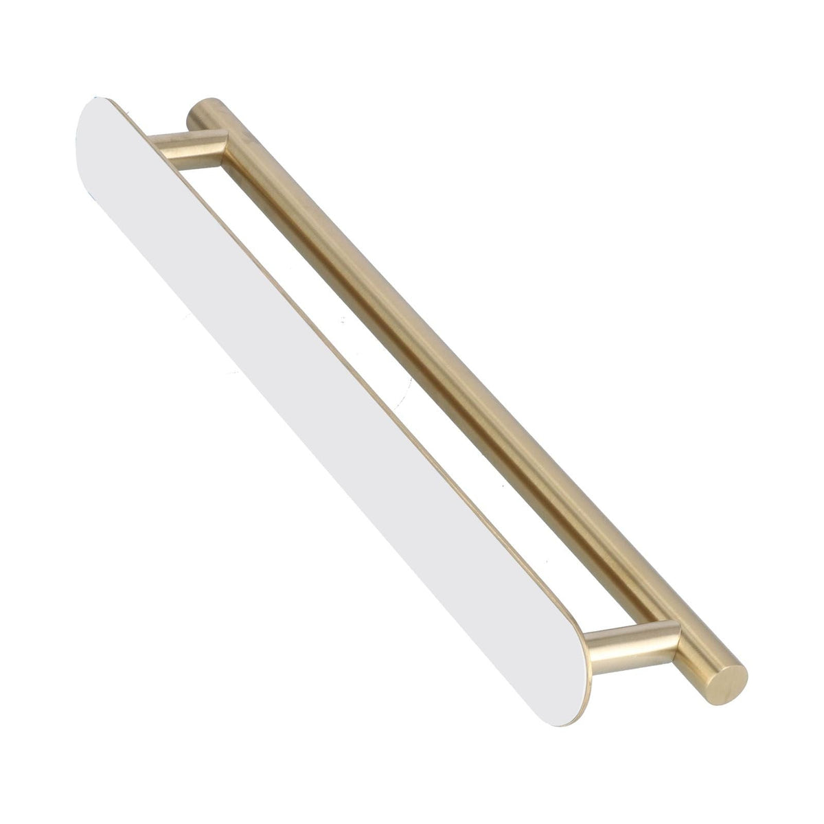 Single Rod Towel Bar with a brushed gold metal rod and long white mounting plate, featuring a sleek minimalist design.