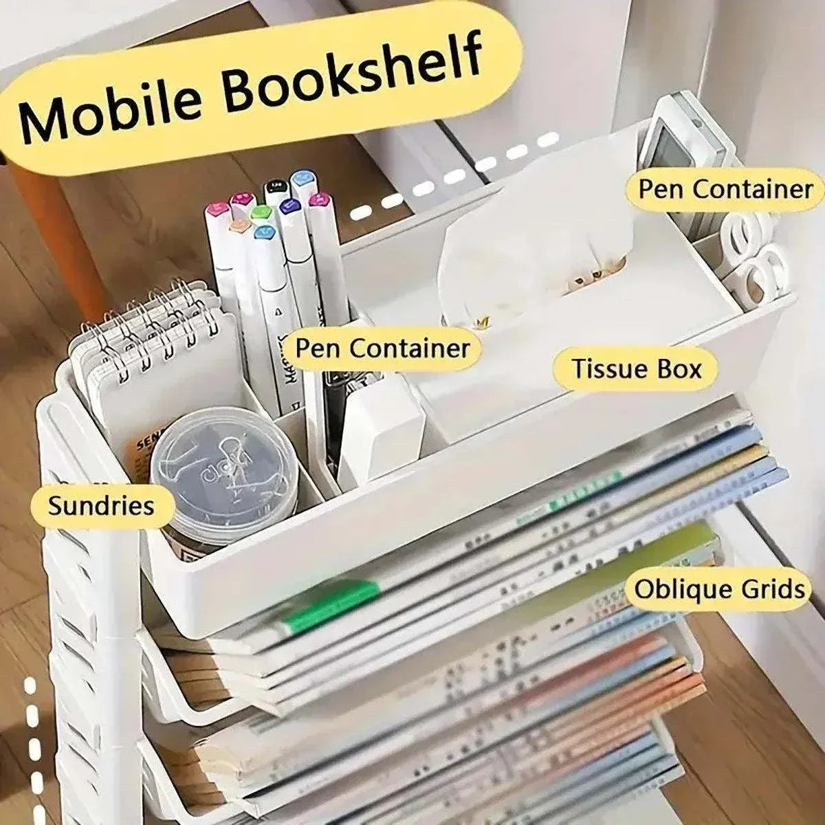 Six Tier Rolling Storage Cart, white plastic with six angled shelves, top tray and side pen and tissue holders