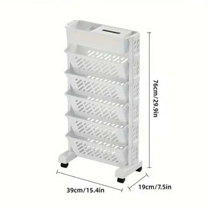 Six Tier Rolling Storage Cart in white plastic with six angled perforated shelves, a top tray and small caster wheels