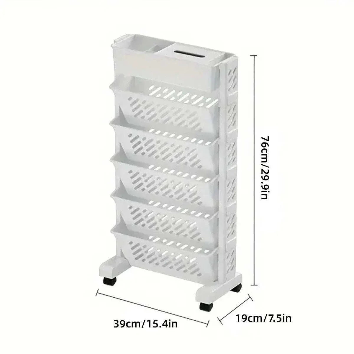 Six Tier Rolling Storage Cart in white plastic with six angled perforated shelves, a top tray and small caster wheels