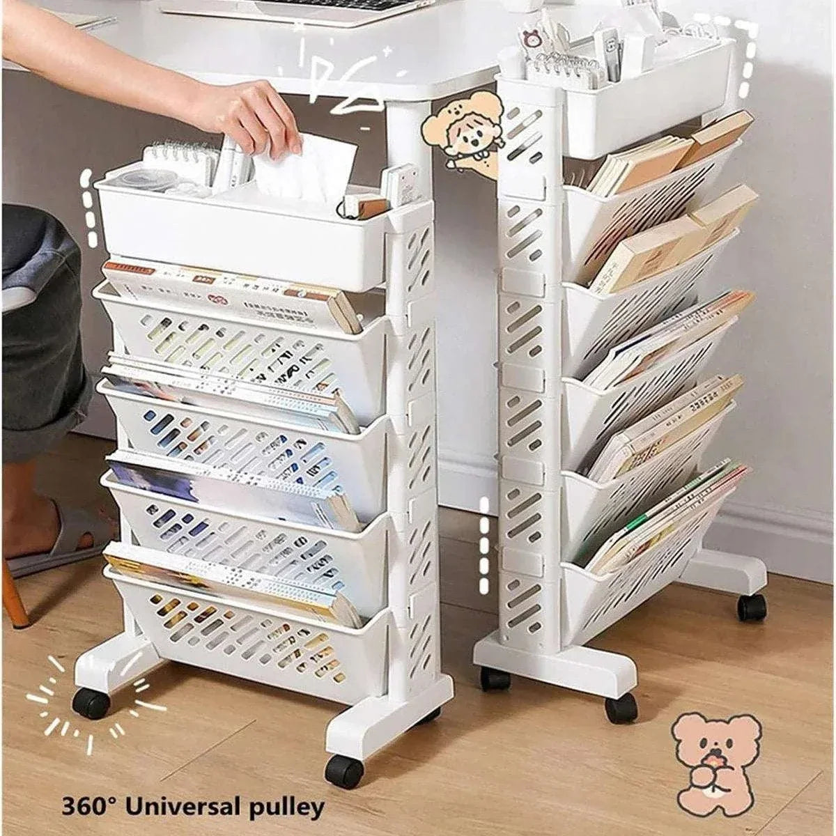 Six Tier Rolling Storage Cart with white plastic frame, angled perforated shelves, top tray and black caster wheels