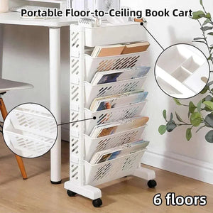 Six Tier Rolling Storage Cart in white plastic with slanted perforated book shelves, top tray, and rolling wheels