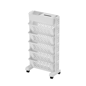 Six Tier Rolling Storage Cart in white plastic with five angled lattice-style baskets, a handled top tray and caster wheels