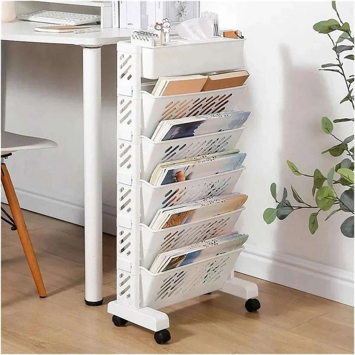 Six Tier Rolling Storage Cart in white plastic with six angled slotted magazine shelves, top tray and caster wheels