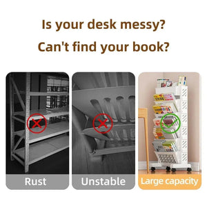 Six Tier Rolling Storage Cart in white plastic, with angled magazine shelves, a top organiser tray and rolling wheels