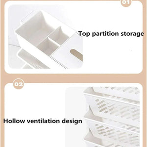 Six Tier Rolling Storage Cart showing its white plastic top partition tray and perforated slanted shelves for ventilation
