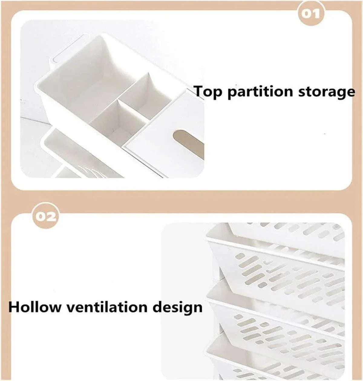 Six Tier Rolling Storage Cart showing its white plastic top partition tray and perforated slanted shelves for ventilation