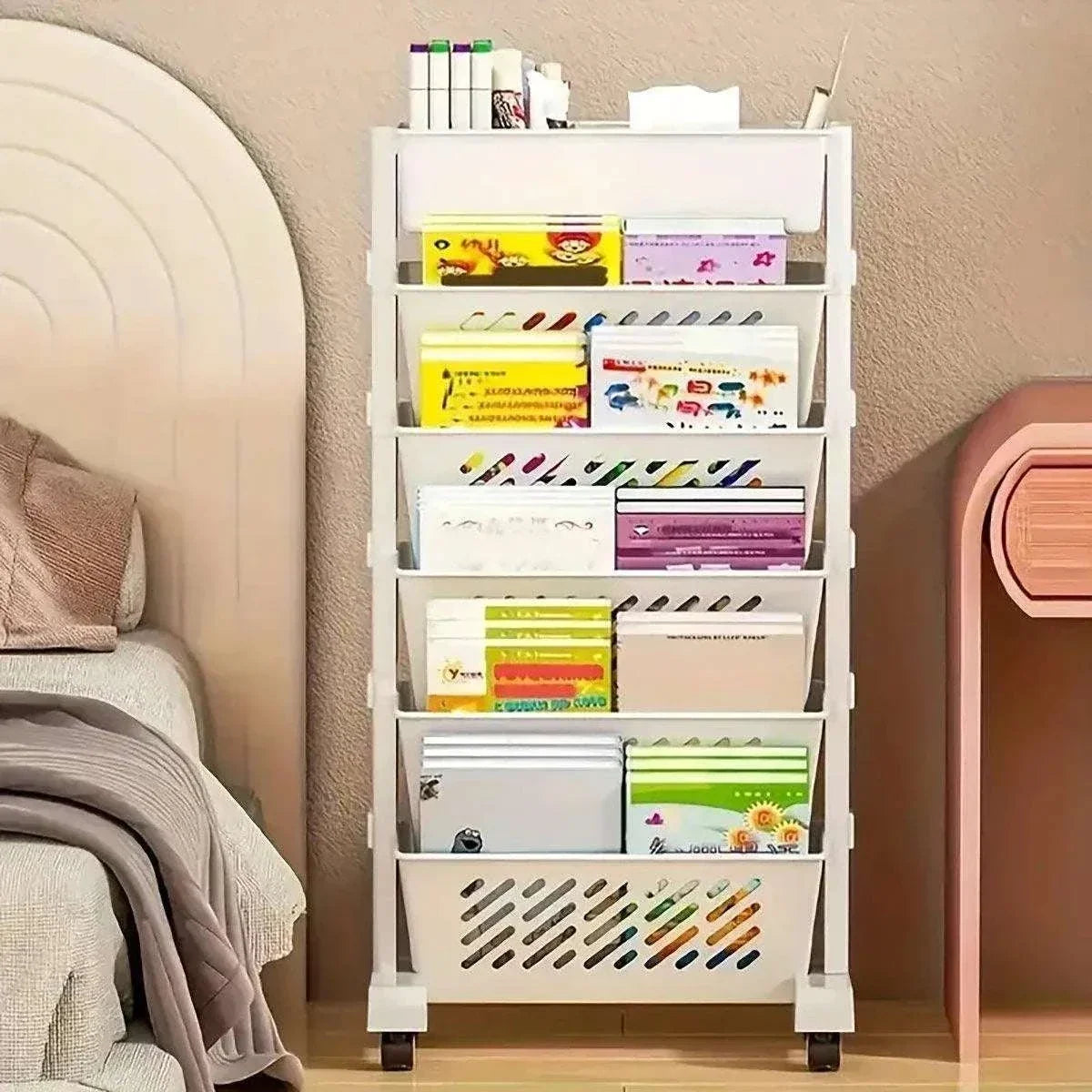 Six Tier Rolling Storage Cart in white plastic with six angled file compartments, slotted panels and caster wheels