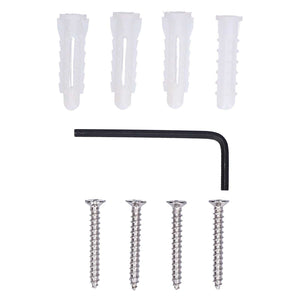 Slippers Rack Grey includes four silver screws, four translucent wall plugs, and a black L-shaped hex wrench