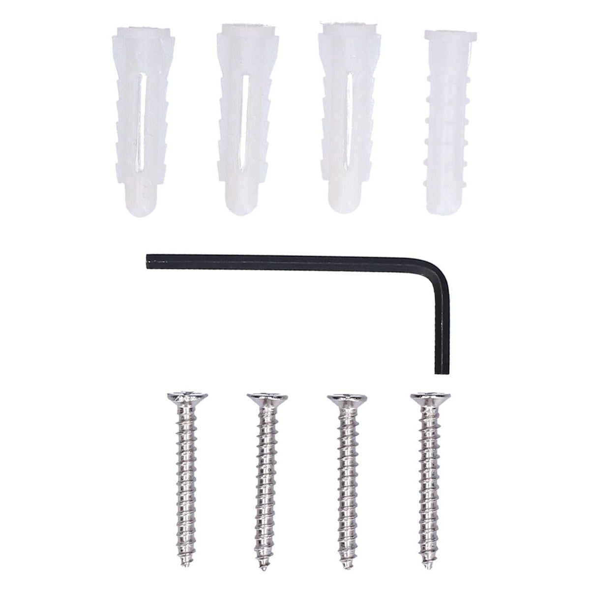 Slippers Rack Grey includes four silver screws, four translucent wall plugs, and a black L-shaped hex wrench
