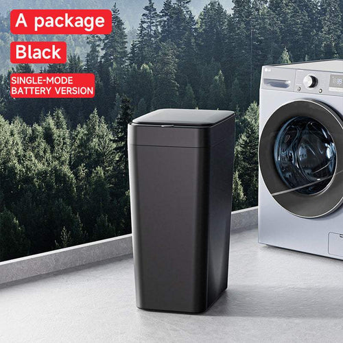 Smart Sensor Trash Can in black plastic with a slim rectangular body, flat lid and smooth, minimalist finish