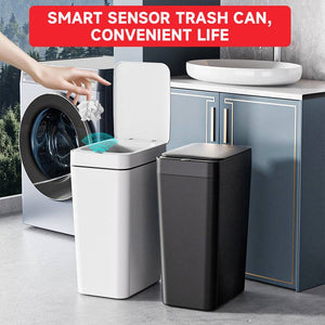 Smart Sensor Trash Can in black plastic with a slim rectangular body, rounded corners and hands-free sensor lid; white option shown
