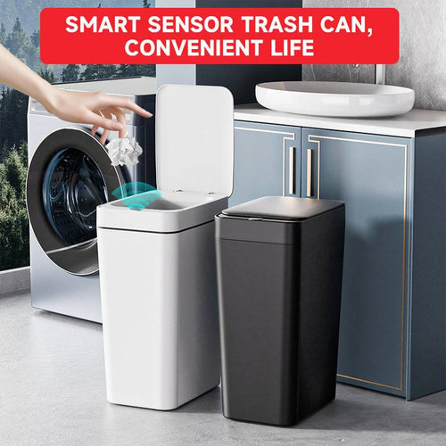 Smart Sensor Trash Can in black plastic with a slim rectangular body, rounded corners and hands-free sensor lid; white option shown
