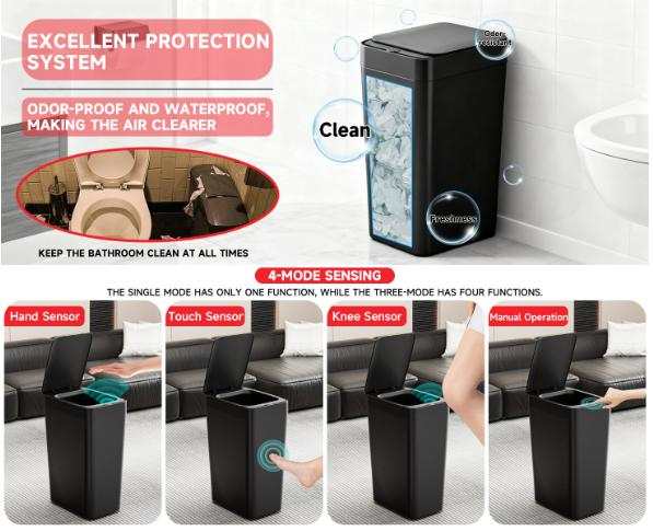 Smart Sensor Trash Can in black plastic with a slim rectangular body, closed lid, and hands-free sensor operation