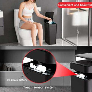 Smart Sensor Trash Can in slim black plastic with a hands-free touch sensor lid and visible battery compartment
