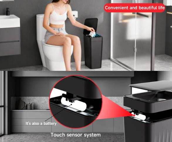 Smart Sensor Trash Can in slim black plastic with a hands-free touch sensor lid and visible battery compartment