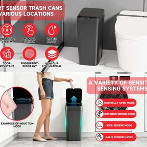 Smart Sensor Trash Can in slim black plastic with a flat automatic lid and four hands-free sensing modes
