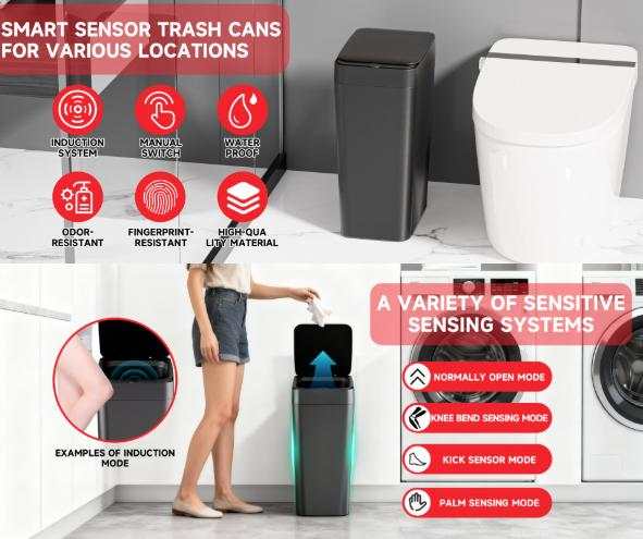 Smart Sensor Trash Can in slim black plastic with a flat automatic lid and four hands-free sensing modes