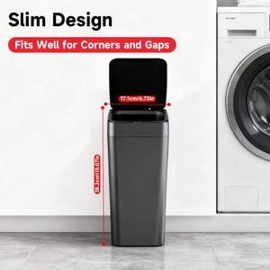 Smart Sensor Trash Can in slim black plastic with an open hands-free lid and compact rectangular design