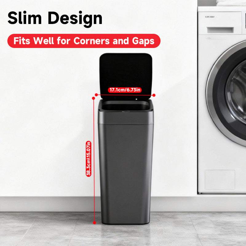 Smart Sensor Trash Can in slim black plastic with an open hands-free lid and compact rectangular design