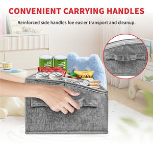 Snack Organizer for Countertop in grey woven fabric with reinforced side handles, open top and assorted snacks inside