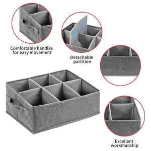 Snack Organizer for Countertop in grey fabric with six open compartments, removable dividers and side handles