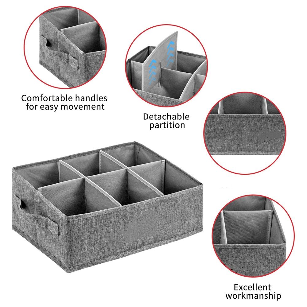 Snack Organizer for Countertop in grey fabric with six open compartments, removable dividers and side handles