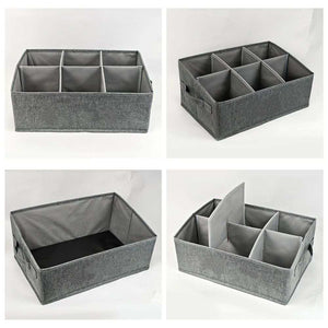 Snack Organizer for Countertop in grey felt with six fabric compartments, rectangular open-top design and side handles