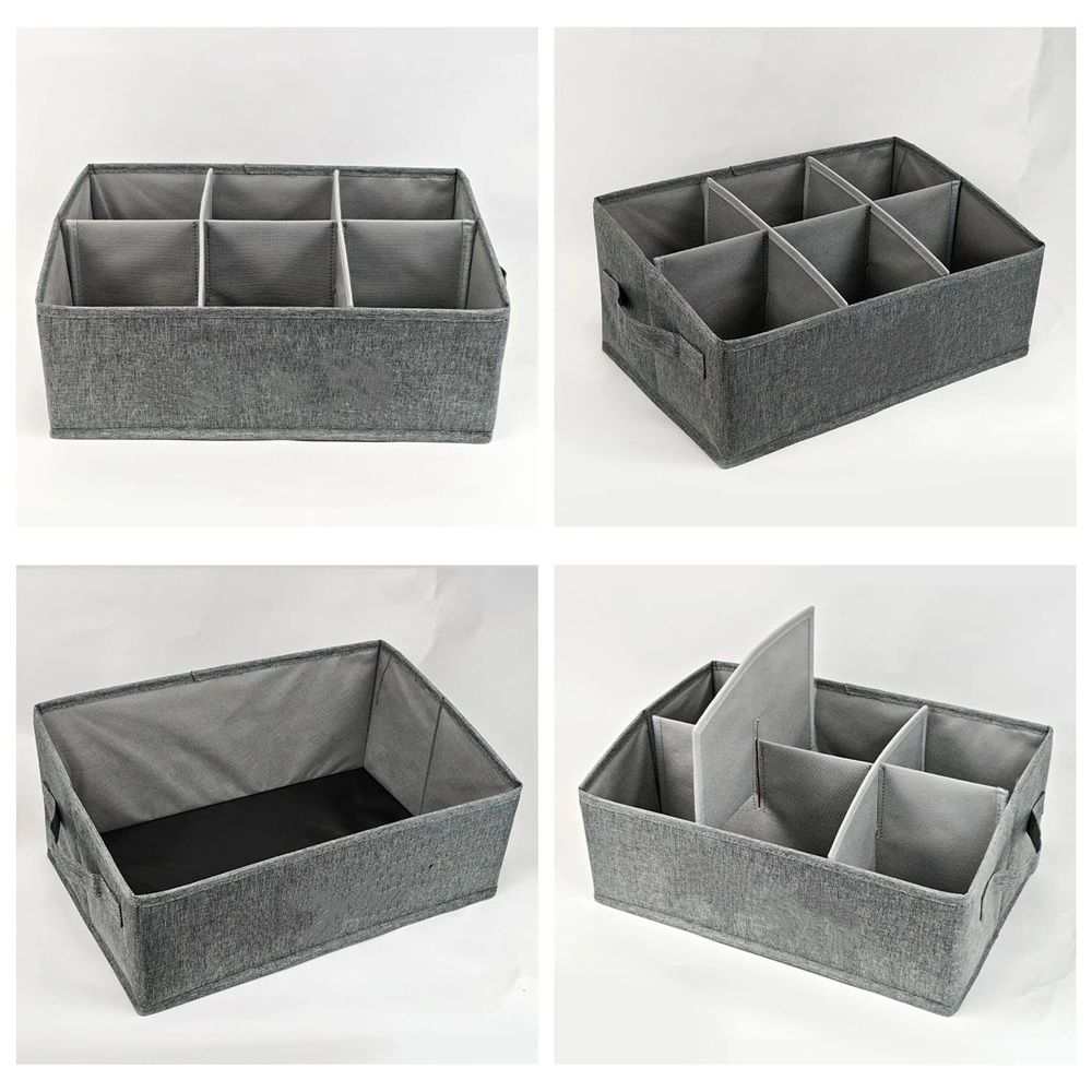 Snack Organizer for Countertop in grey felt with six fabric compartments, rectangular open-top design and side handles