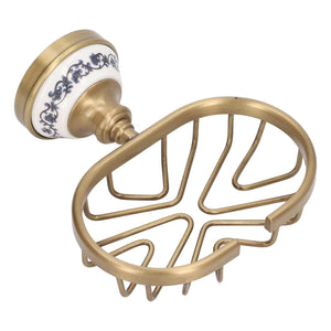 Soap Dish Holder Basket in antique brass-toned metal with an open wire drain base and white floral-patterned ceramic wall mount