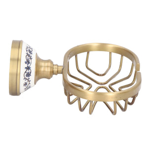 Soap Dish Holder Basket in antique brass-toned metal with an open wire-drain base and decorative white ceramic wall mount
