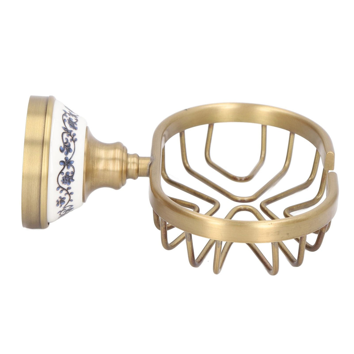 Soap Dish Holder Basket in antique brass-toned metal with an open wire-drain base and decorative white ceramic wall mount
