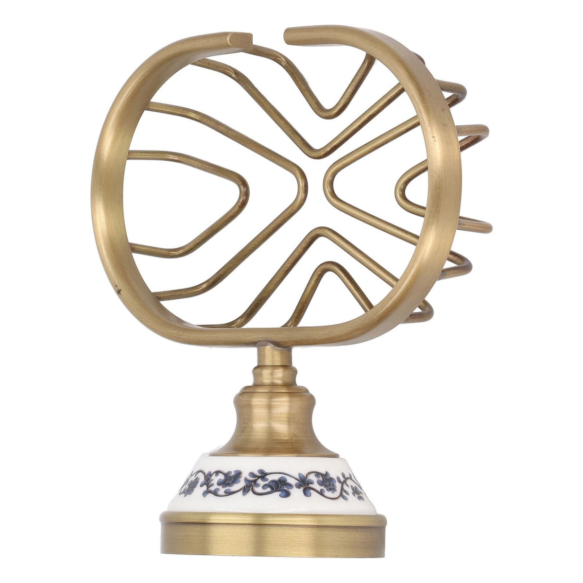 Soap Dish Holder Basket in antique brass-tone metal, with a circular open wire frame and blue floral porcelain base