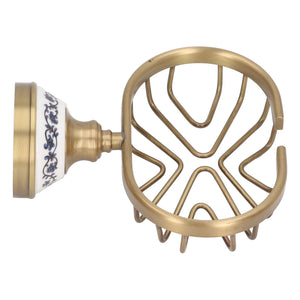 Soap Dish Holder Basket in antique gold-toned metal with a white floral ceramic wall mount and open draining base