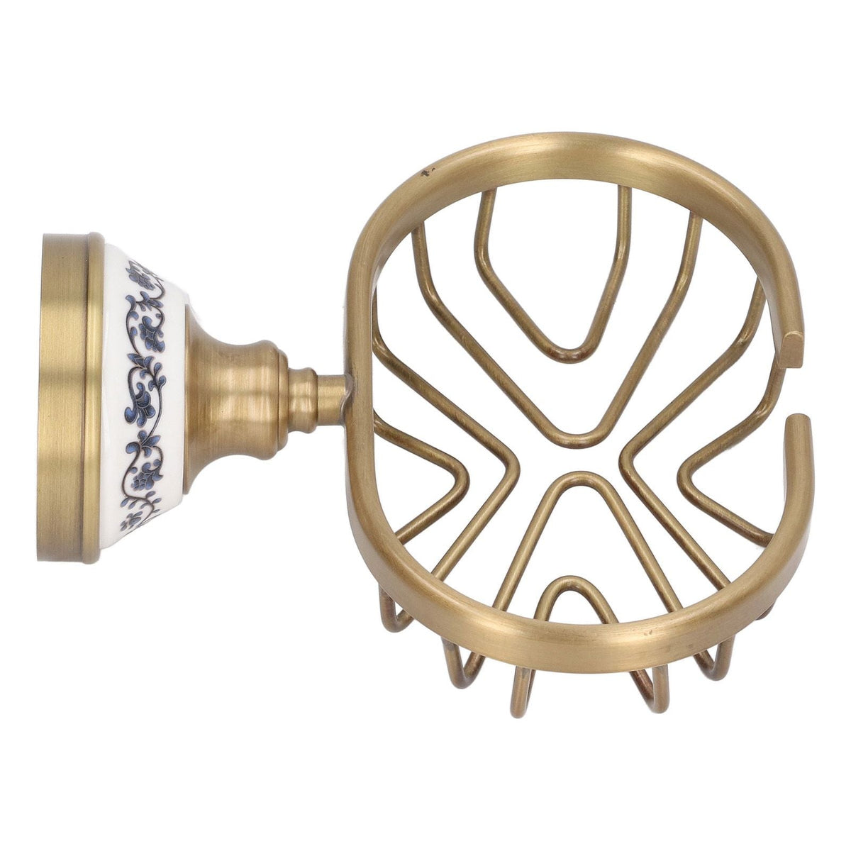 Soap Dish Holder Basket in antique gold-toned metal with a white floral ceramic wall mount and open draining base