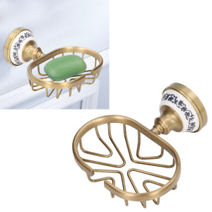 Soap Dish Holder Basket in antique gold-tone metal with a decorative white and navy floral wall mount and open drain base