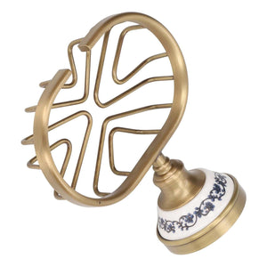 Soap Dish Holder Basket in antique gold metal with an open geometric wire cradle and ornate white ceramic wall mount