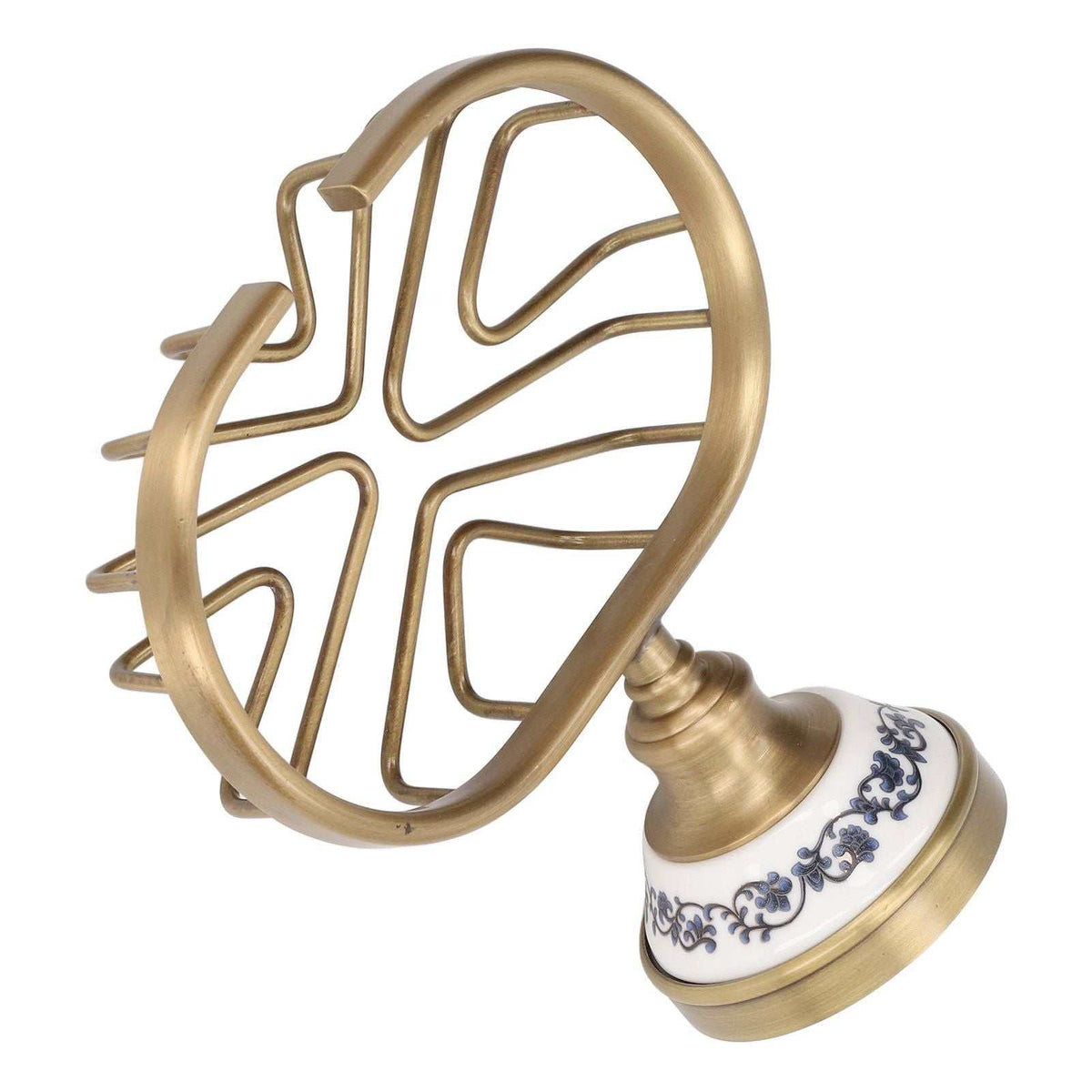 Soap Dish Holder Basket in antique gold metal with an open geometric wire cradle and ornate white ceramic wall mount