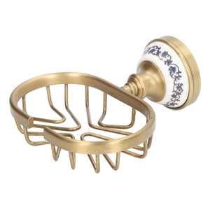 Soap Dish Holder Basket in antique gold-toned metal with an open wire drainage base and decorative white porcelain wall mount
