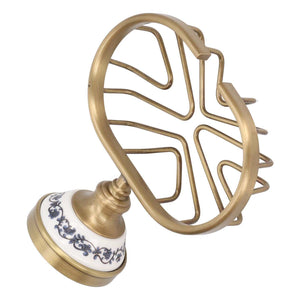 Soap Dish Holder Basket in antique gold-toned metal with an open wire drainage basket and white ceramic mounting base with blue floral pattern