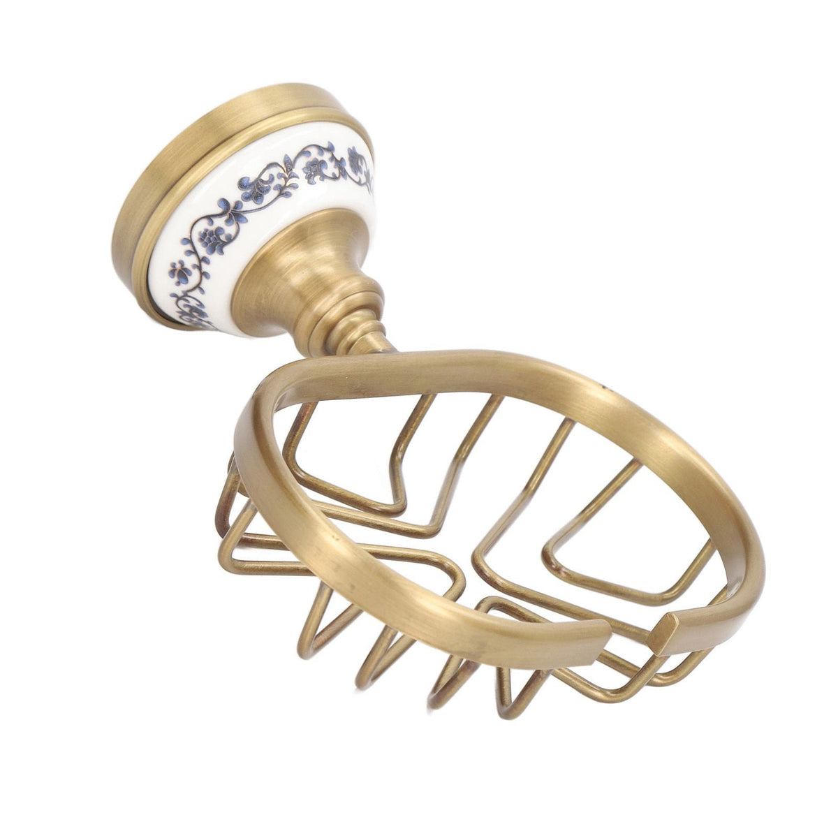 Soap Dish Holder Basket in antique gold-toned metal with a white floral porcelain wall mount and open wire drain base