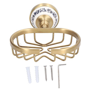 Soap Dish Holder Basket in gold-tone metal with an ornate white and blue floral wall mount and open wire drainage base