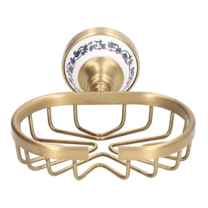 Soap Dish Holder Basket in brushed gold-toned metal, with an open wire-draining base and ornate floral wall mount