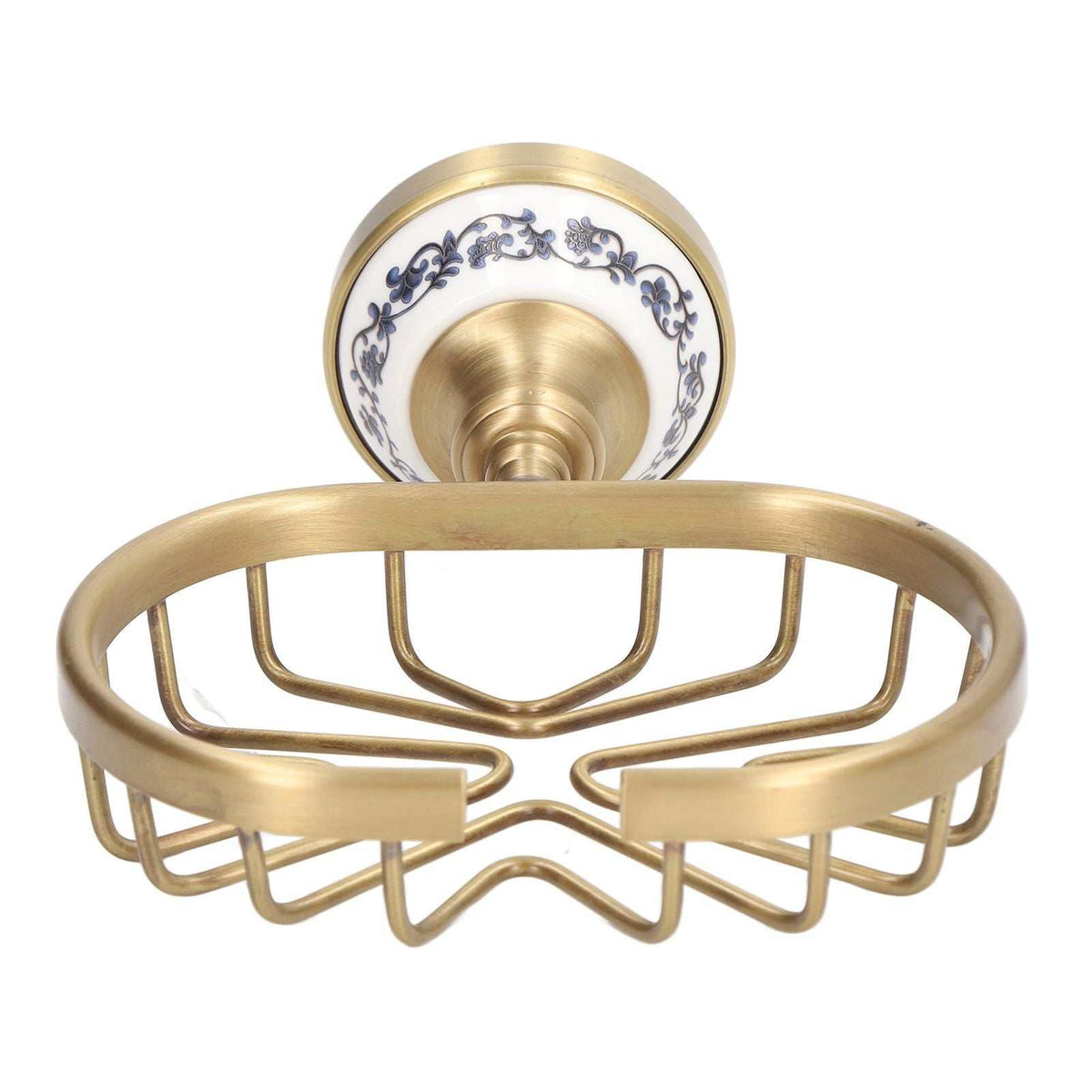 Soap Dish Holder Basket in brushed gold-toned metal, with an open wire-draining base and ornate floral wall mount