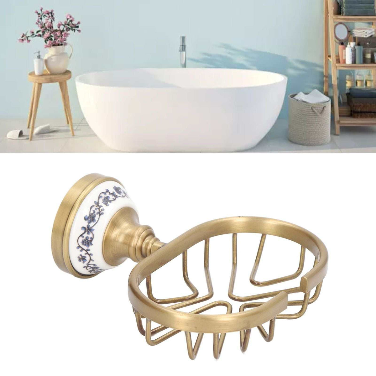 Soap Dish Holder Basket with gold-toned metal wire frame and white ceramic wall mount decorated with blue floral motifs