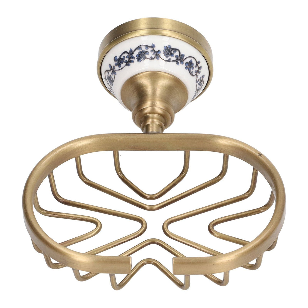 Soap Dish Holder Basket in antique gold-tone metal, with an open geometric wire base and blue floral wall mount